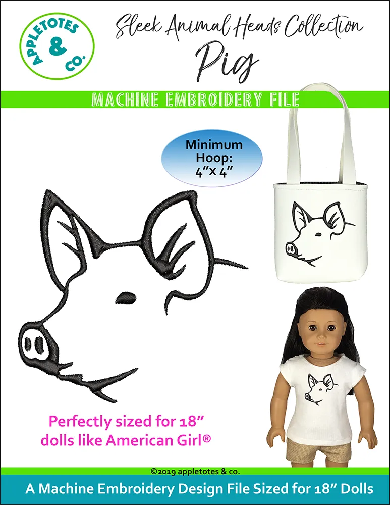 Sleek Pig Head Machine Embroidery File for 18" Dolls