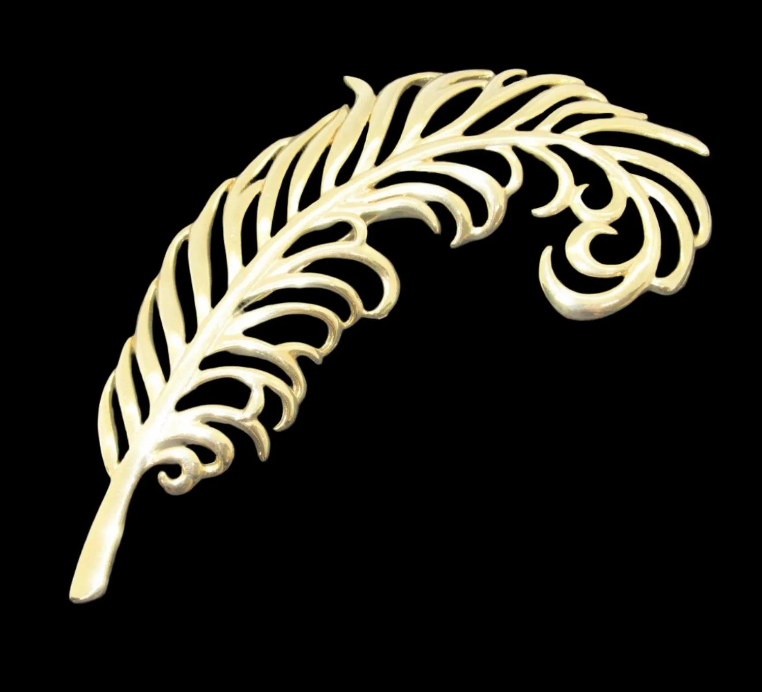 Sleek Vintage Craft Large Golden Feather Brooch