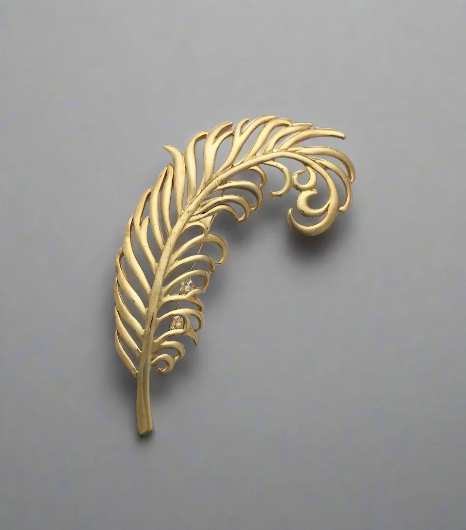 Sleek Vintage Craft Large Golden Feather Brooch