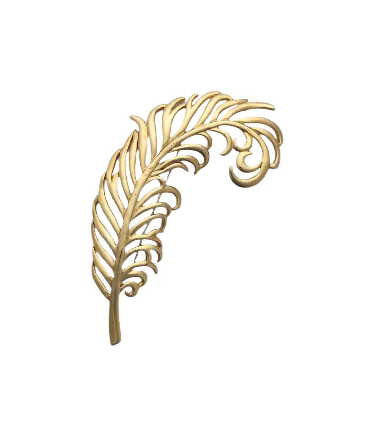 Sleek Vintage Craft Large Golden Feather Brooch