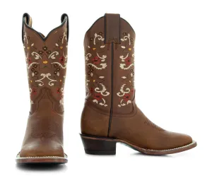 Soto Boots Tan Embroidered Floral Square Toe Cowgirl Boots M4006