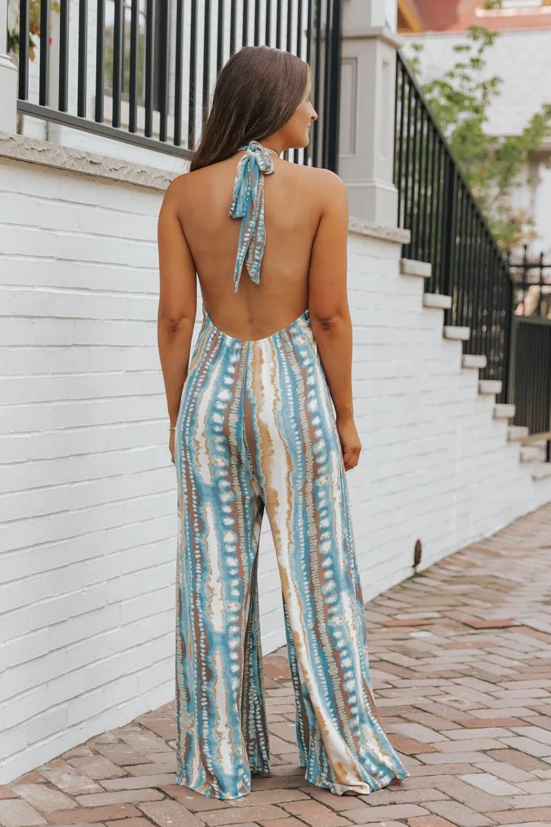 Teal Print Cross Front Halter Jumpsuit - FINAL SALE