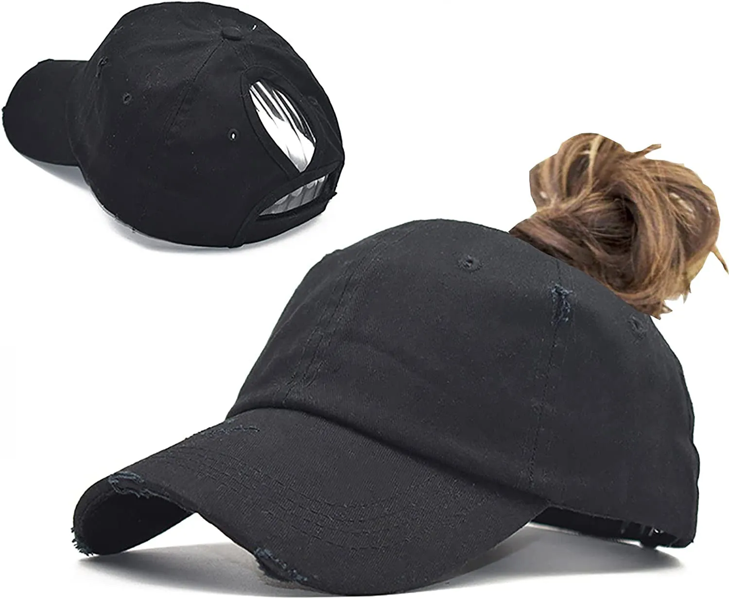 Women Distressed High Bun Ponycaps Baseball-Cap