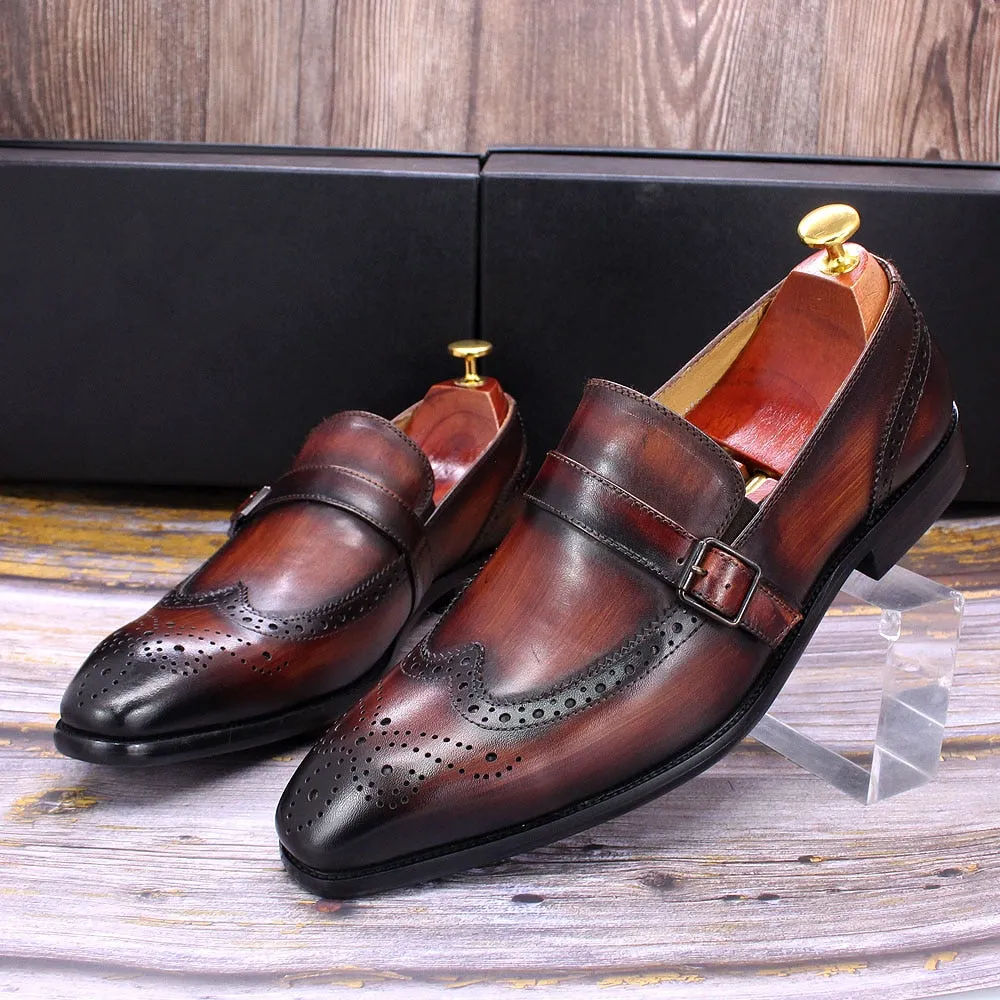 Wood Color Hand Painted Wingtip Oxford Shoes